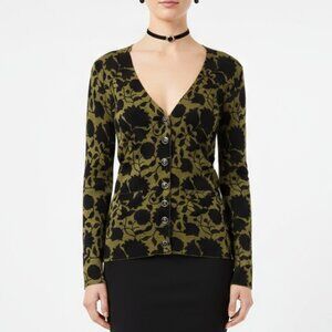Fossil Green Black Dark Floral Print Long Sleeve Fitted Cardigan Sweater NEW XS